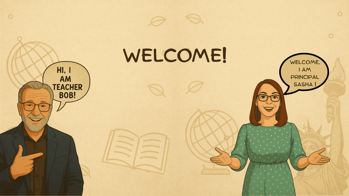 Illustration of a smiling man and woman introducing themselves with speech bubbles, saying welcome.