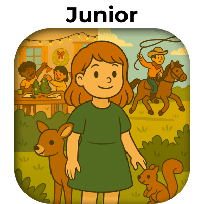Illustration of a girl with animals outdoors and festive scene indoors, featuring a horse rider.