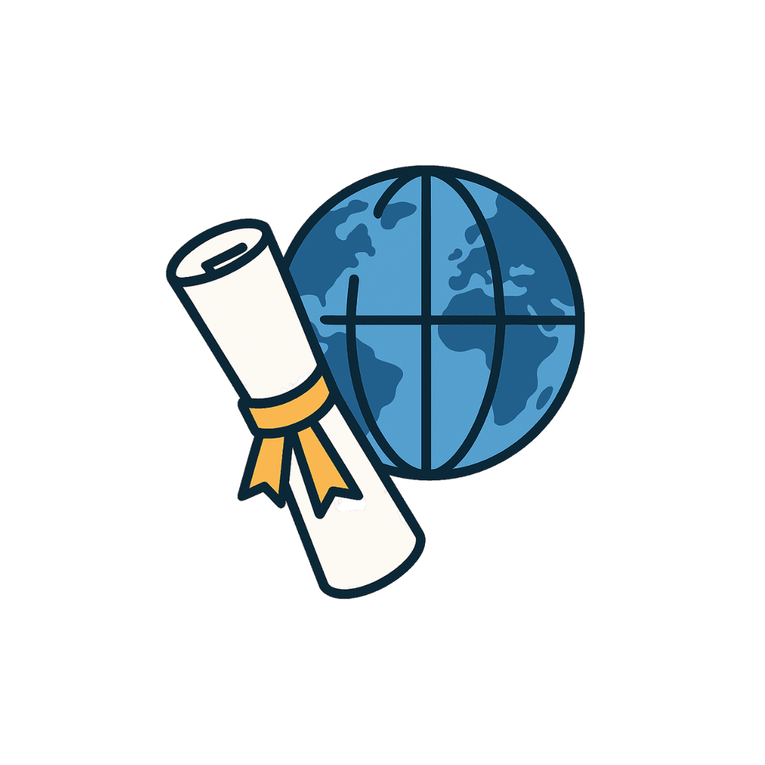 Illustration of a globe and a rolled diploma with a yellow ribbon.