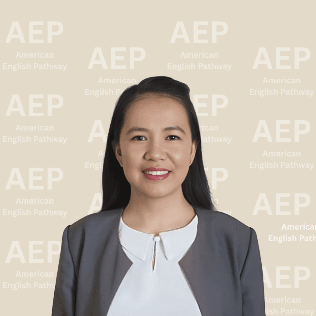 Person smiling in front of American English Pathway AEP logo background.