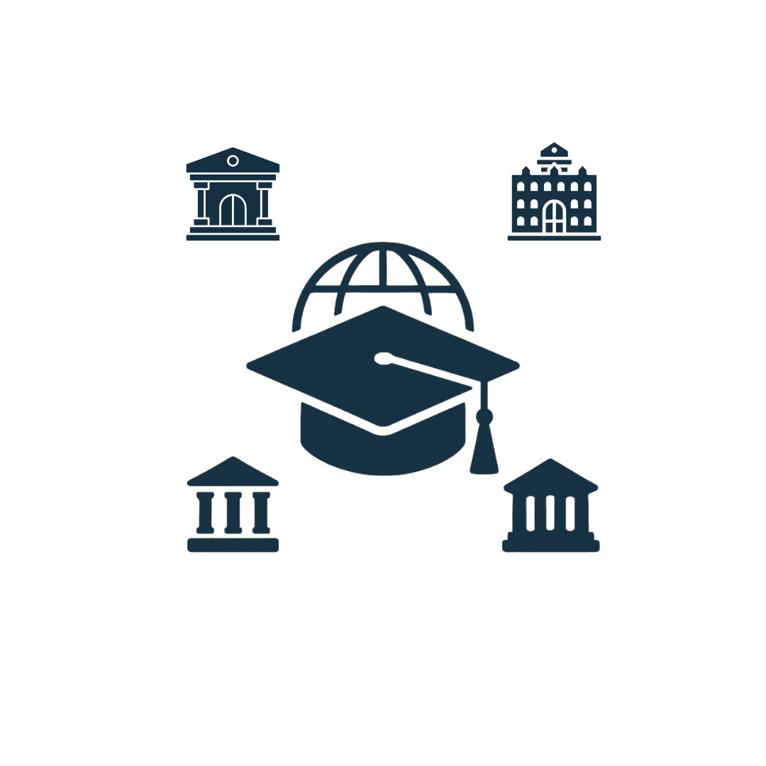 Graduation cap and globe surrounded by educational building icons, suggesting global education.