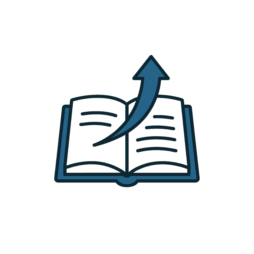 Icon of an open book with an upward arrow emerging from it, symbolizing growth or learning.