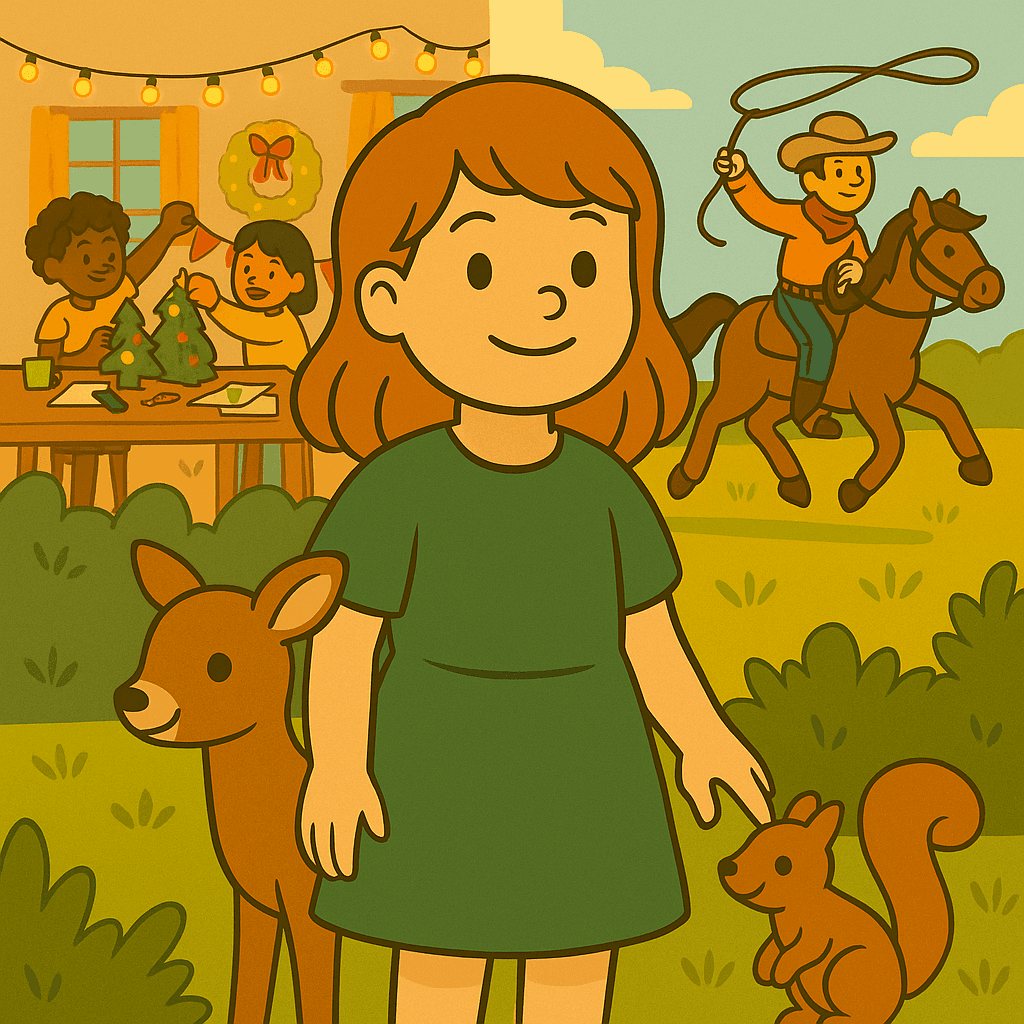 Illustrated girl with animals outdoors, decorating scene in background, cowboy on horseback lassoing.