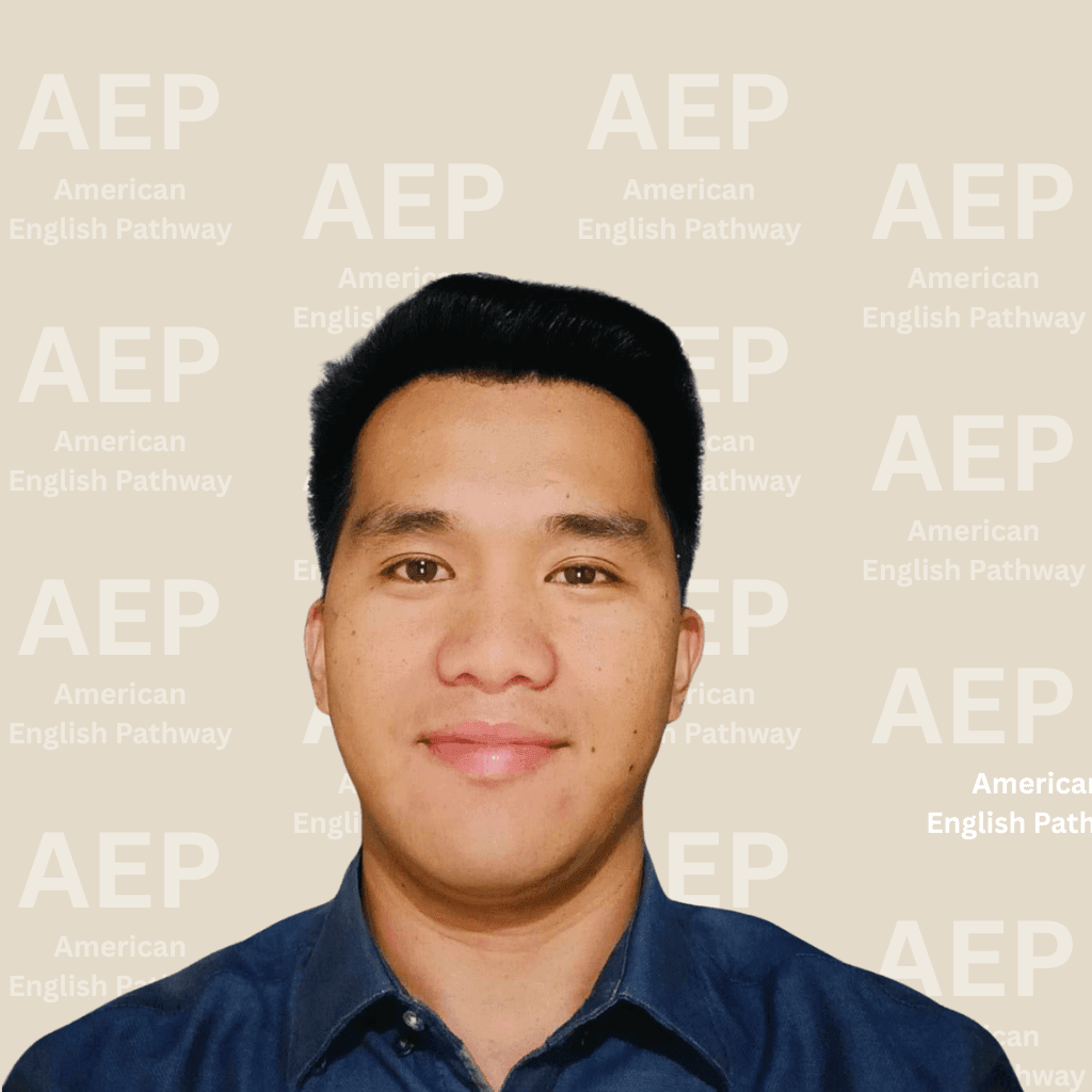 Person smiling in front of a background with repeated text 'AEP American English Pathway'.